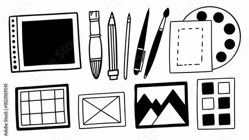 Doodle art supplies vector icons set for creative design projects scalable illustration