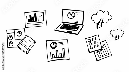 Doodle style business presentation charts laptop and clouds vector illustration