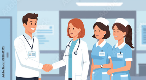 Friendly Medical Professionals Doctor Shakes Hands with Colleagues in Hospital Setting