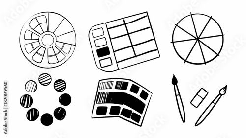 Doodle art color theory set vector illustration paint swatches brushes and eraser icons