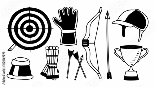 Archery equipment vector doodle set bow arrow target glove trophy helmet icons