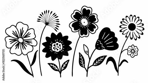Boho style hand drawn flower doodles set vector illustration scalable eps