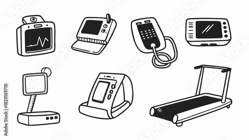 Hand drawn cardiac care medical equipment collection vector illustration set