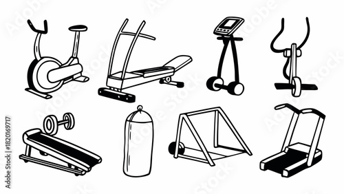 Doodle set of 10 cardio equipment illustrations scalable vector graphics icons