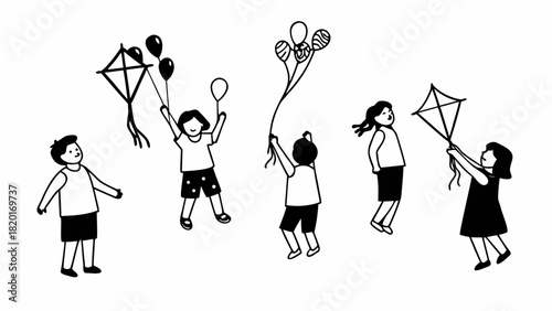 Charming doodle set of children flying kites and holding balloons vector illustration