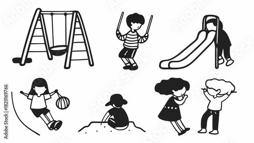 Doodle set of children playing in park with swings slides fun activities vector