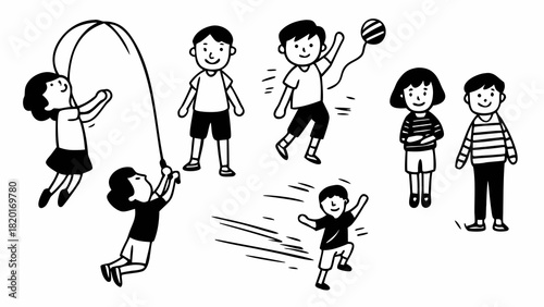 Doodle set of children running jumping rope playing sports fun activities vector illustration