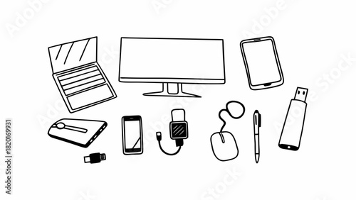 Hand-drawn vector illustration of daily tech essentials gadgets collection