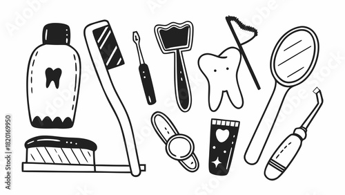 Dental care doodles set vector illustration scalable icon toothbrush mouthwash hygiene