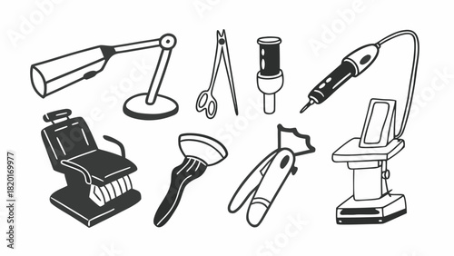 Doodle set of 10 dental machines vector illustration scalable icon eps