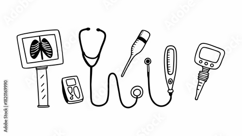 Doodle medical diagnostic tools set vector illustration scalable eps icon collection