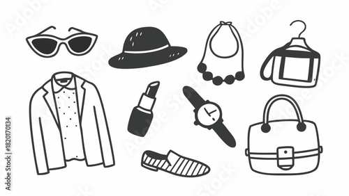 Doodle fashion icons set sunglasses hat handbag lipstick watch shoe blazer