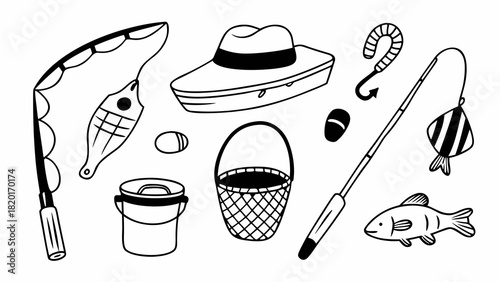 Hand drawn fishing gear set vector illustration scalable objects for outdoor sport