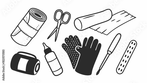 Hand-drawn vector illustration set of 10 first aid medical kit essentials scalable icon pack