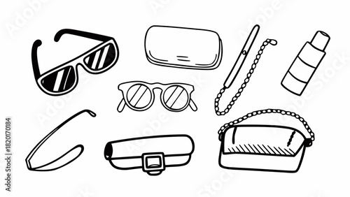 Hand drawn doodle set of 10 eye accessories and cases vector illustration