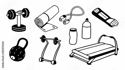 Doodle set of 10 gym equipment items vector illustration scalable eps icon