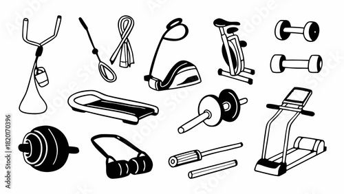 Doodle set of 10 gym equipment usage icons scalable vector illustration eps