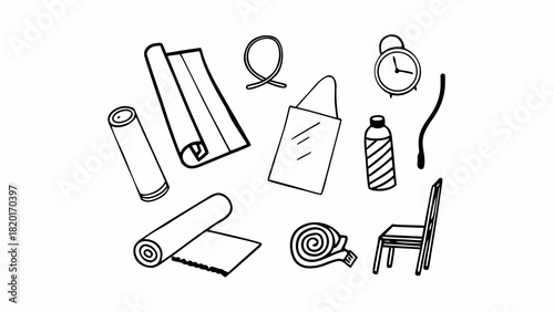 Doodle set of 10 gym stretching cool down accessories vector illustration