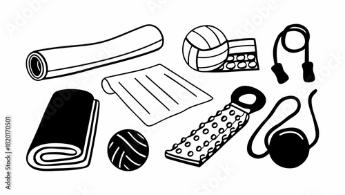 Doodle set of 10 gym stretching tools vector illustration scalable eps icon