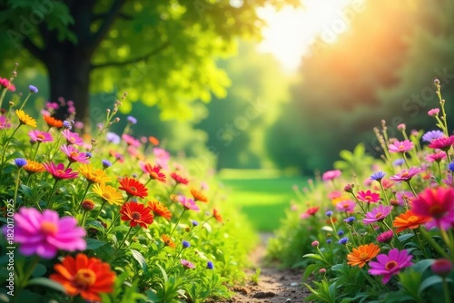 Vibrant summer scene bursting with colorful flowers, lush green foliage, and bright sunshine Perfect for summer themes, travel brochures, and joyful backgrounds , warmth, scenery