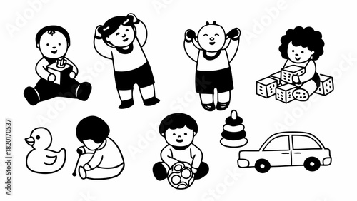 Happy toddlers and toys doodle set vector illustration scalable playful kids childhood