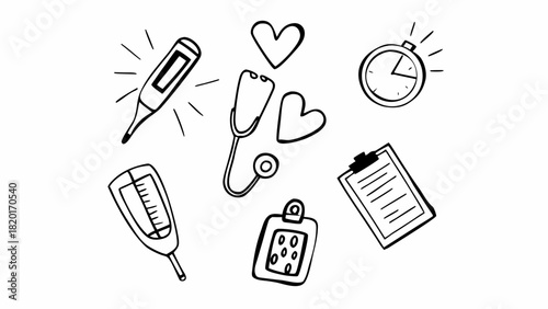 Hand drawn health checkup doodles set scalable vector illustration for medical concepts