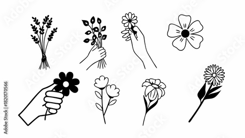 Handpicked flower doodles set vector illustration scalable art for artistic projects