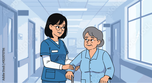 Caring healthcare professional providing compassionate assistance to an elderly woman using a walking stick in a hospital corridor, symbolizing supportive medical services and senior well-being