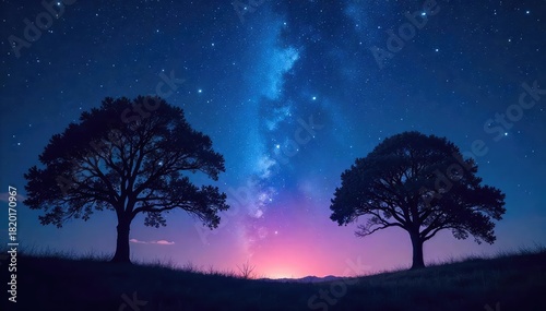 Silhouetted trees against a star-filled night sky, illuminated by a mystical, ethereal glow Perfect for meditation, spirituality, and peace themes , celestial, peace