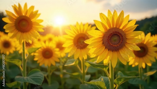 Vibrant sunflowers bask in the golden sunlight, their faces turned towards the sun in a field of summer blooms A picturesque scene of nature's beauty and abundance , rural, sunlight, blossom