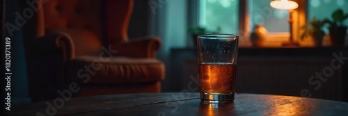 A dimly lit room, a half-empty glass, and a comfortable armchair suggest a state of relaxed inebriation The scene evokes feelings of comfort and mild intoxication , interior, relaxation, focus