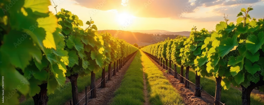 Fototapeta premium Sun-drenched rows of grape vines stretching to the horizon at a picturesque winery, lush foliage and perfect for a summer day , sunlight, botany, idyllic
