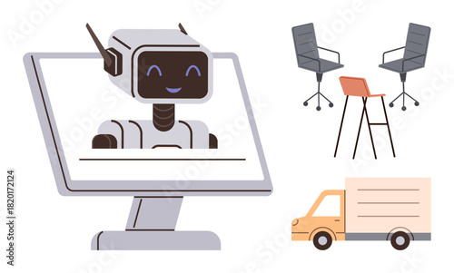 Smiling robot chatbot displayed on monitor with modern swivel chairs, wooden desk, and delivery truck. Ideal for AI, remote work, customer service, logistics, automation, workplace technology
