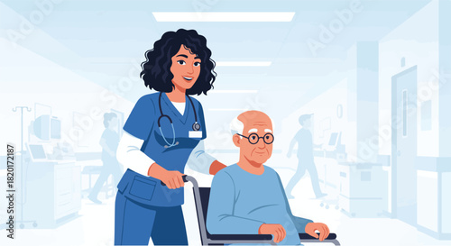 Caring nurse assisting an elderly man in a wheelchair through a hospital corridor
