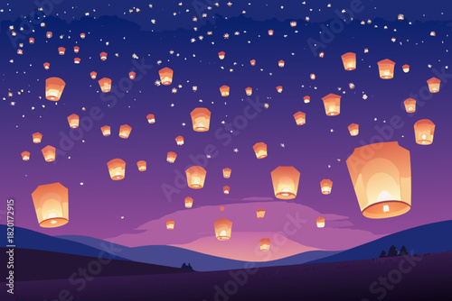 Crisp Glowing Lanterns Raining Down Over Deep Gra Professional Photo
