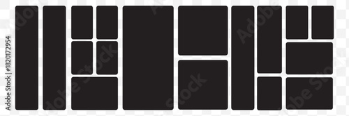 Vector collage for photos. Picture frame. Vector blank in bento grid system. Bento style layout grid templates. Web comics grids, various panel arrangements and different size tiles vector set. EPS 10