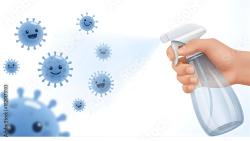 Sanitizing Spray Disinfecting Surface from Smiling Coronavirus Pathogens