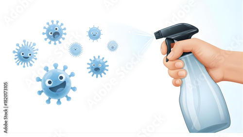 Hand spraying sanitizer to eliminate viruses and germs, concept of hygiene and protection, illustration