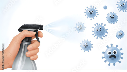 Hand holding a disinfectant spray bottle to clean and eliminate illustrated viruses and bacteria, symbolizing health and hygiene