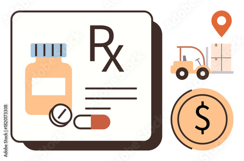 Medicine bottle, pills, tablet, capsule, forklift carrying medicine cargo, map pin, dollar sign. Ideal for pharmacy, healthcare logistics supply chain finance delivery services simple flat