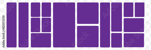 Vector collage for photos. Picture frame. Vector blank in bento grid system. Bento style layout grid templates. Web comics grids, various panel arrangements and different size tiles vector set. EPS 10