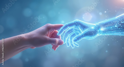 Ai mental health companion concept. Human and robotic hands reaching out in connection.