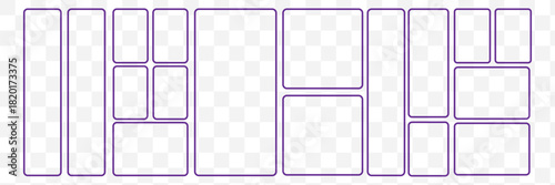 Vector collage for photos. Picture frame. Vector blank in bento grid system. Bento style layout grid templates. Web comics grids, various panel arrangements and different size tiles vector set. EPS 10