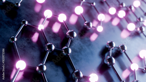 Abstract 3D rendering of a molecular lattice structure with glowing purple nodes on a dark textured surface.