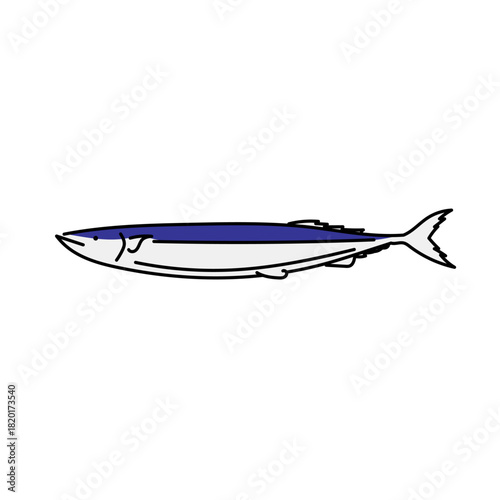 三陸沖で水揚げされるサンマを細長い形状と青い背の特徴を生かして描いたシンプルな魚イラスト素材｜料理紹介や地域食文化の資料に使いやすい独立したベクターの海産物デザイン