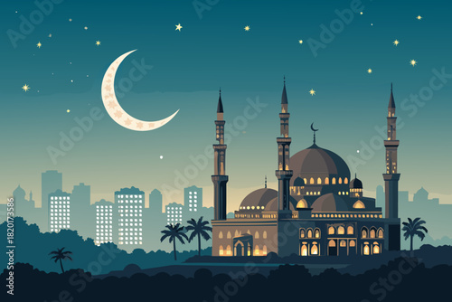 Crisp Ramadan Moon Rising Behind Glowing City Mos High-Quality Stock Image