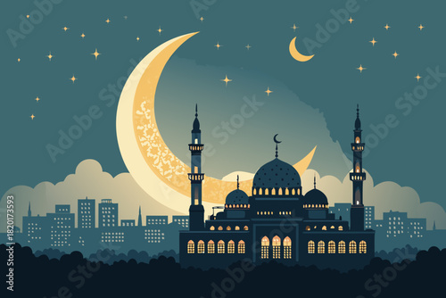 Ramadan Moon Rising Behind Glowing City Mos Professional Photo Perfect for Editorial Content