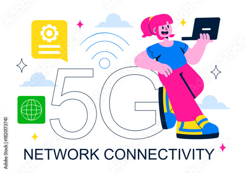 5G Network Connectivity Wireless Technology Vector Illustration Featuring Transmitter Tower Providing High-Speed Mobile Internet Communication