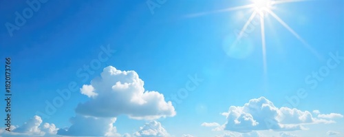 Crystal clear blue sky, puffy white clouds, sunlit landscape  A pristine, untouched environment reflecting the concept of blue-sky clean energy and sustainability ,  hope,  renewable,  eco