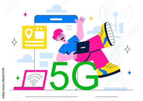5G Network Connectivity Wireless Technology Vector Illustration Featuring Transmitter Tower Providing High-Speed Mobile Internet Communication